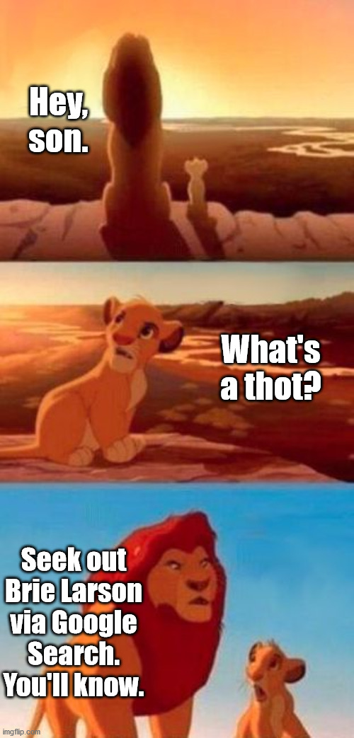 simba | Hey, son. What's a thot? Seek out Brie Larson via Google Search. You'll know. | image tagged in simba,thot,begone thot,brie larson,brie larson is a thot | made w/ Imgflip meme maker
