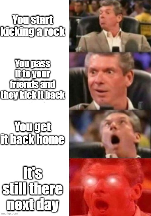 Mr. McMahon reaction | You start kicking a rock; You pass it to your friends and they kick it back; You get it back home; It's still there next day | image tagged in mr mcmahon reaction | made w/ Imgflip meme maker