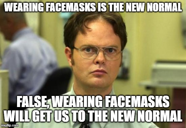 Dwight Schrute | WEARING FACEMASKS IS THE NEW NORMAL; FALSE, WEARING FACEMASKS WILL GET US TO THE NEW NORMAL | image tagged in memes,dwight schrute | made w/ Imgflip meme maker