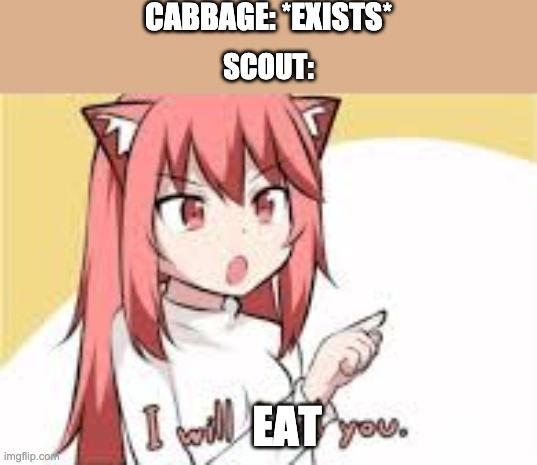 I Will Lewd You | CABBAGE: *EXISTS*; SCOUT:; EAT | image tagged in i will lewd you | made w/ Imgflip meme maker