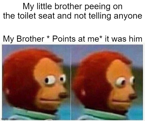 Monkey Puppet Meme | My little brother peeing on the toilet seat and not telling anyone; My Brother * Points at me* it was him | image tagged in memes,monkey puppet | made w/ Imgflip meme maker