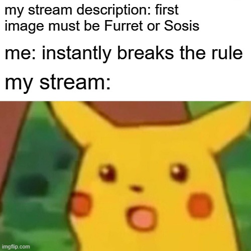 lol, I'm a bad boi | my stream description: first image must be Furret or Sosis; me: instantly breaks the rule; my stream: | image tagged in memes,surprised pikachu | made w/ Imgflip meme maker