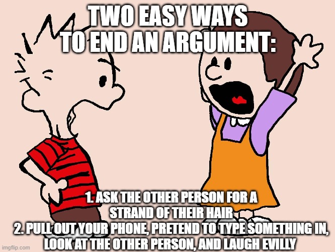 TWO EASY WAYS TO END AN ARGUMENT:; 1. ASK THE OTHER PERSON FOR A STRAND OF THEIR HAIR
2. PULL OUT YOUR PHONE, PRETEND TO TYPE SOMETHING IN, LOOK AT THE OTHER PERSON, AND LAUGH EVILLY | made w/ Imgflip meme maker