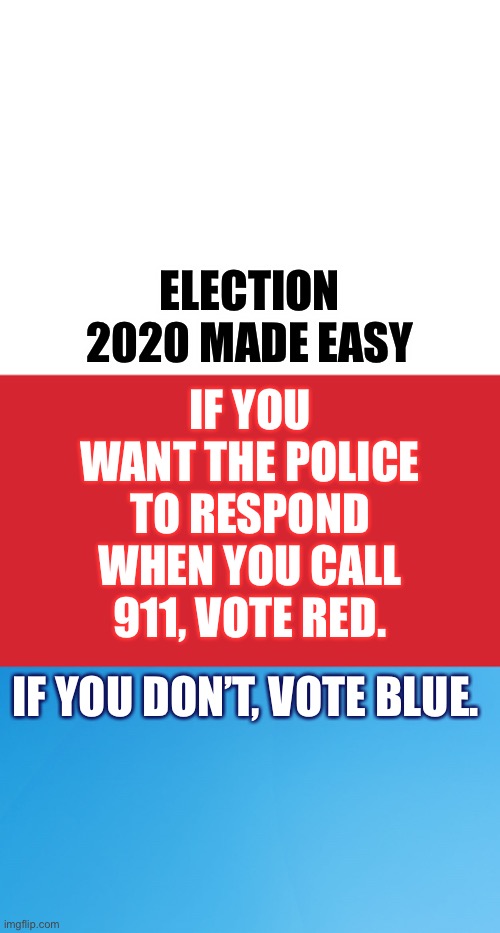 ELECTION 2020 MADE EASY; IF YOU WANT THE POLICE TO RESPOND WHEN YOU CALL 911, VOTE RED. IF YOU DON’T, VOTE BLUE. | image tagged in memes,keep calm and carry on red,blank white template,blue background 42 | made w/ Imgflip meme maker