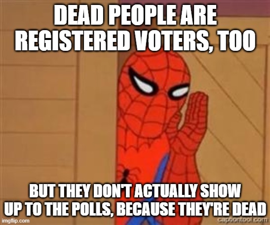 California admitted some illegal aliens were registered to vote! That doesn't prove they actually voted. Why? Deportation risk. | DEAD PEOPLE ARE REGISTERED VOTERS, TOO; BUT THEY DON'T ACTUALLY SHOW UP TO THE POLLS, BECAUSE THEY'RE DEAD | image tagged in psst spiderman,voter fraud,voting,dead people,conservative logic,illegal aliens | made w/ Imgflip meme maker