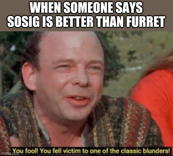 You fool! You fell victim to one of the classic blunders! | WHEN SOMEONE SAYS SOSIG IS BETTER THAN FURRET | image tagged in you fool you fell victim to one of the classic blunders | made w/ Imgflip meme maker