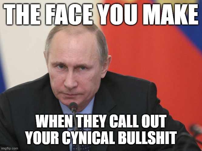 Even Putin is human, and I can't imagine he's pleased that folks around the world are catching on to his tricks. | THE FACE YOU MAKE; WHEN THEY CALL OUT YOUR CYNICAL BULLSHIT | image tagged in putin angry,vladimir putin,putin,trump putin,election 2020,bullshit | made w/ Imgflip meme maker