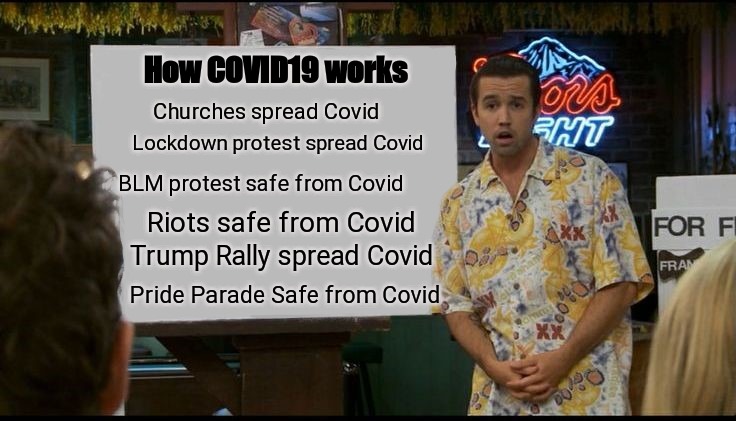 Always Sunny Mac's board | How COVID19 works; Churches spread Covid; Lockdown protest spread Covid; BLM protest safe from Covid; Riots safe from Covid; Trump Rally spread Covid; Pride Parade Safe from Covid | image tagged in always sunny mac's board,coronavirus,liberal bias,ConservativeMemes | made w/ Imgflip meme maker