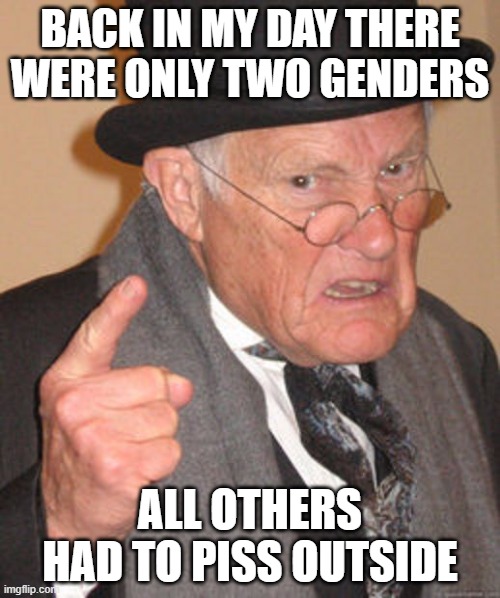Back in my day | BACK IN MY DAY THERE WERE ONLY TWO GENDERS; ALL OTHERS HAD TO PISS OUTSIDE | image tagged in back in my day | made w/ Imgflip meme maker