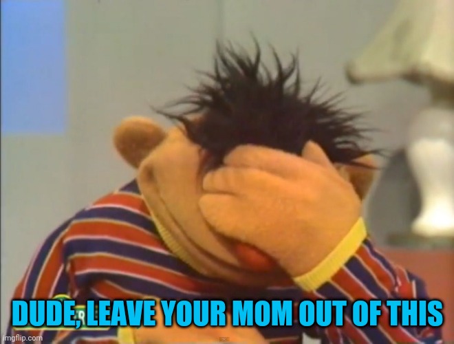 Face palm Ernie  | DUDE, LEAVE YOUR MOM OUT OF THIS | image tagged in face palm ernie | made w/ Imgflip meme maker