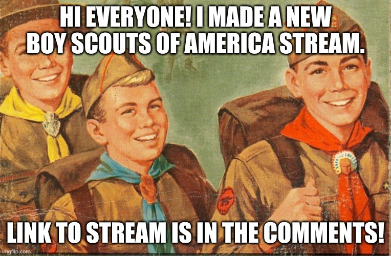 Boy Scouts stream | HI EVERYONE! I MADE A NEW BOY SCOUTS OF AMERICA STREAM. LINK TO STREAM IS IN THE COMMENTS! | image tagged in boy scouts | made w/ Imgflip meme maker