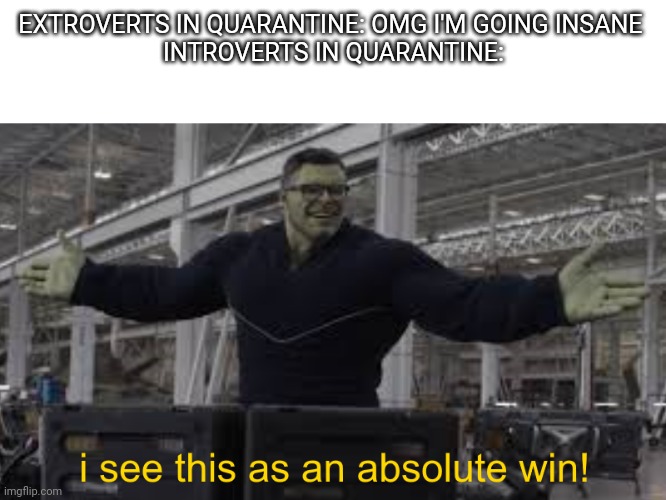 Happiness noise | EXTROVERTS IN QUARANTINE: OMG I'M GOING INSANE 
INTROVERTS IN QUARANTINE: | image tagged in endgame hulk i see this as an absolute win | made w/ Imgflip meme maker