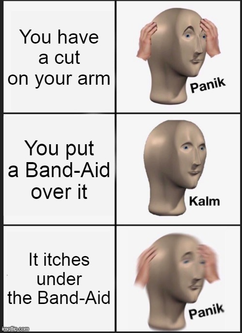 You Have A Cut On Your Arm | You have a cut on your arm; You put a Band-Aid over it; It itches under the Band-Aid | image tagged in memes,panik kalm panik,funny,so true memes,relatable,uncomfortable | made w/ Imgflip meme maker