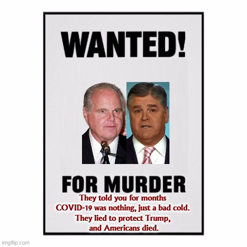 Protecting Trump was more important for them than whether you lived or died. | They told you for months 
COVID-19 was nothing, just a bad cold. 
They lied to protect Trump, 
and Americans died. | image tagged in rush limbaugh,sean hannity,lies,fake news,coronavirus,covid-19 | made w/ Imgflip meme maker