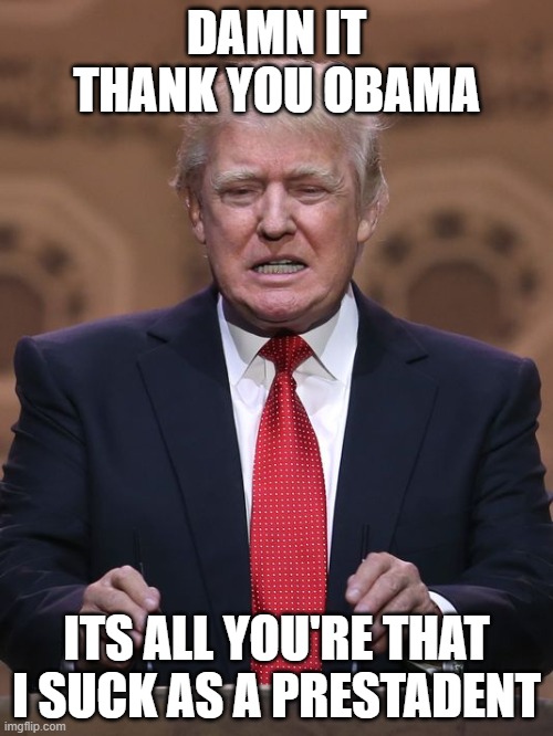 trump | DAMN IT THANK YOU OBAMA; ITS ALL YOU'RE THAT I SUCK AS A PRESTADENT | image tagged in donald trump | made w/ Imgflip meme maker