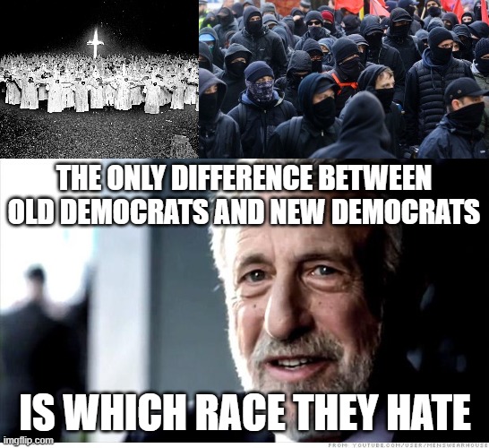 THE ONLY DIFFERENCE BETWEEN OLD DEMOCRATS AND NEW DEMOCRATS IS WHICH RACE THEY HATE | image tagged in memes,i guarantee it,kkk religion,antifa | made w/ Imgflip meme maker