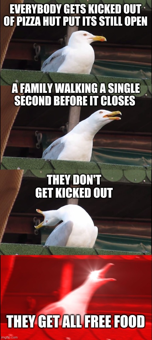 not my best but ok | EVERYBODY GETS KICKED OUT OF PIZZA HUT PUT ITS STILL OPEN; A FAMILY WALKING A SINGLE SECOND BEFORE IT CLOSES; THEY DON'T GET KICKED OUT; THEY GET ALL FREE FOOD | image tagged in memes,inhaling seagull | made w/ Imgflip meme maker