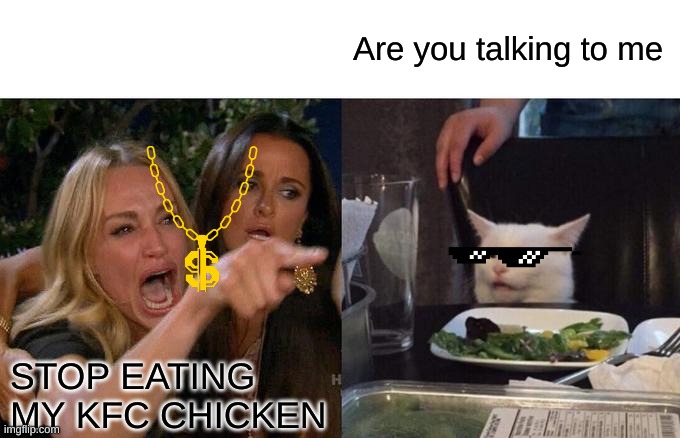 Woman Yelling at cat | Are you talking to me; STOP EATING MY KFC CHICKEN | image tagged in memes,woman yelling at cat | made w/ Imgflip meme maker