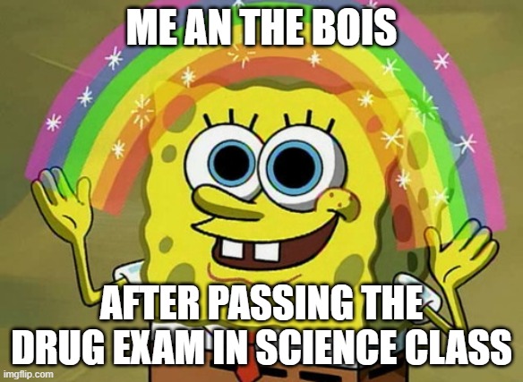 Drug class | ME AN THE BOIS; AFTER PASSING THE DRUG EXAM IN SCIENCE CLASS | image tagged in memes,imagination spongebob | made w/ Imgflip meme maker