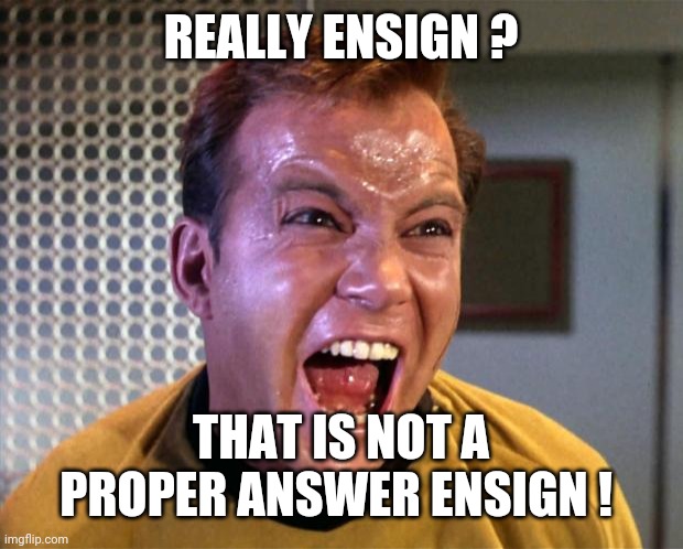Captain Kirk Screaming | REALLY ENSIGN ? THAT IS NOT A PROPER ANSWER ENSIGN ! | image tagged in captain kirk screaming | made w/ Imgflip meme maker