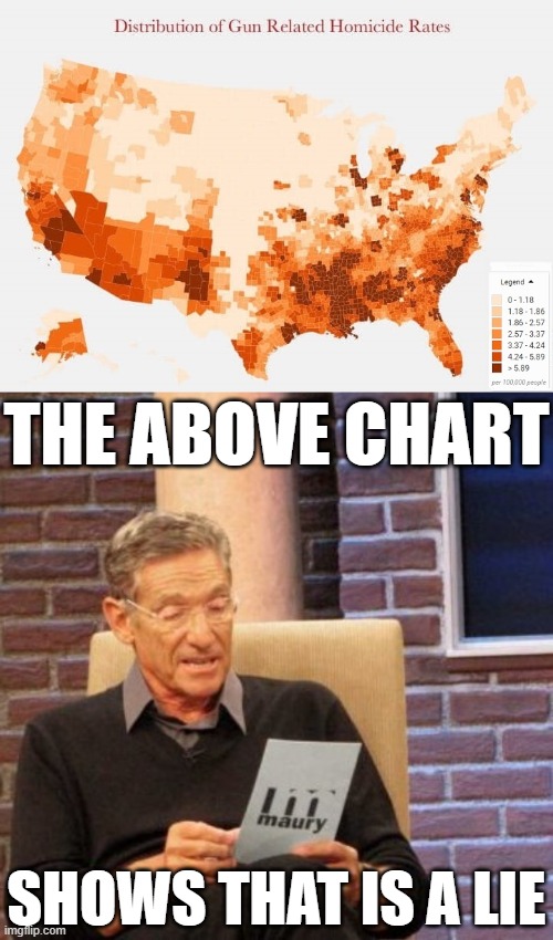 Is our gun murder problem confined to big Democrat cities? Actually: No! | THE ABOVE CHART; SHOWS THAT IS A LIE | image tagged in memes,maury lie detector,gun related homicides by county us,gun violence,gun laws,guns | made w/ Imgflip meme maker