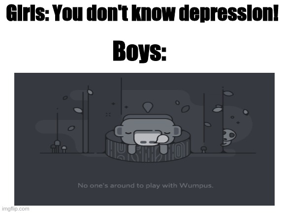 Wumpus :( | Girls: You don't know depression! Boys: | image tagged in fun,memes,amazing,lol so funny | made w/ Imgflip meme maker