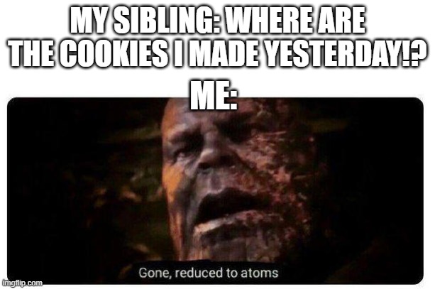 gone reduced to atoms | MY SIBLING: WHERE ARE THE COOKIES I MADE YESTERDAY!? ME: | image tagged in gone reduced to atoms,thanos,cookies,memes | made w/ Imgflip meme maker
