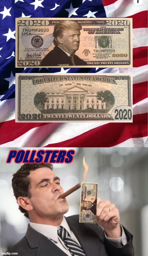 Trump's chances of re-election are going up in flames! | POLLSTERS | image tagged in money cigar,trump 2020 dollars,election 2020,polls,trump 2020,trump | made w/ Imgflip meme maker