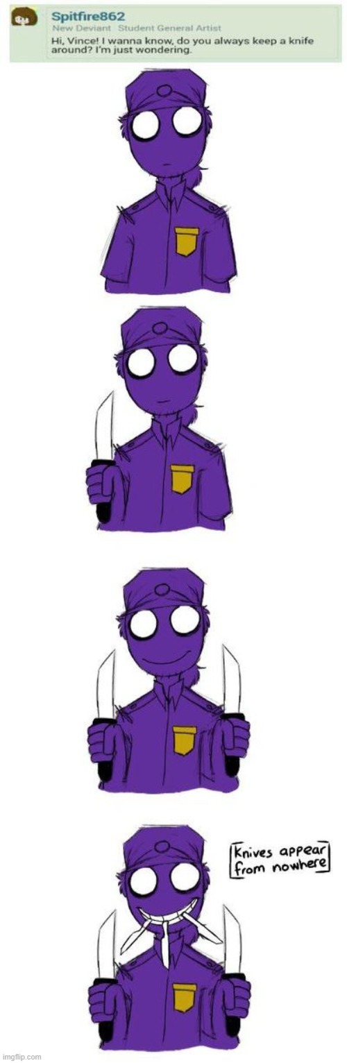 image tagged in purple guy,knife,knives,wondering | made w/ Imgflip meme maker