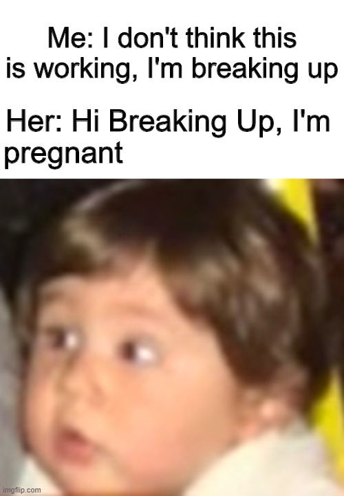 Is this legal | Me: I don't think this is working, I'm breaking up; Her: Hi Breaking Up, I'm pregnant | image tagged in memes | made w/ Imgflip meme maker
