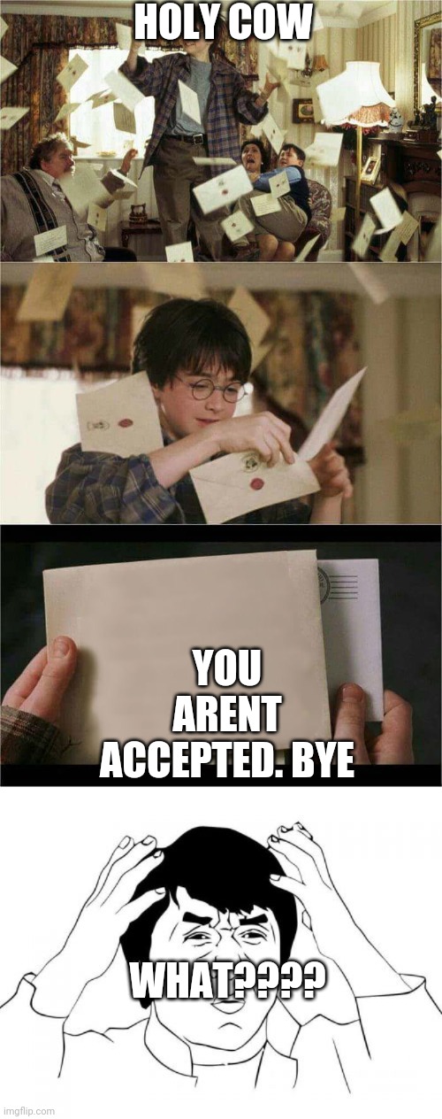 HOLY COW; YOU ARENT ACCEPTED. BYE; WHAT???? | image tagged in memes,jackie chan wtf,harry potter hogwarts letter | made w/ Imgflip meme maker