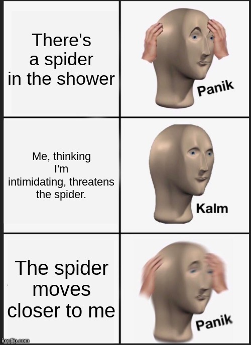 Panik Kalm Panik Meme | There's a spider in the shower; Me, thinking I'm intimidating, threatens the spider. The spider moves closer to me | image tagged in memes,not funny lol,panik kalm panik,spiders,ohenoes,aaaa | made w/ Imgflip meme maker
