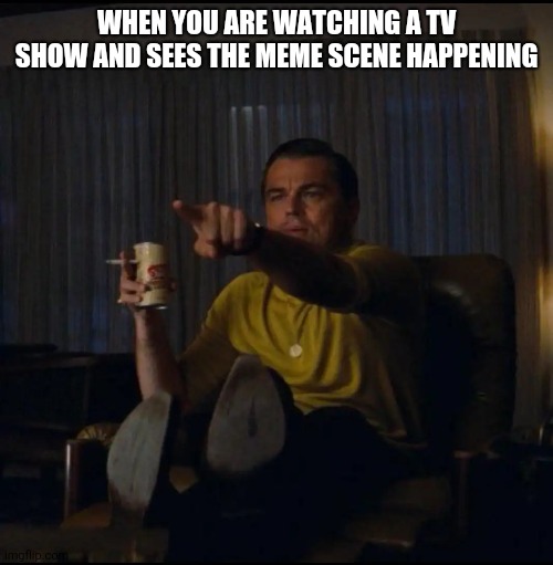 Leonardo DiCaprio Pointing | WHEN YOU ARE WATCHING A TV SHOW AND SEES THE MEME SCENE HAPPENING | image tagged in leonardo dicaprio pointing,tv show,memes | made w/ Imgflip meme maker