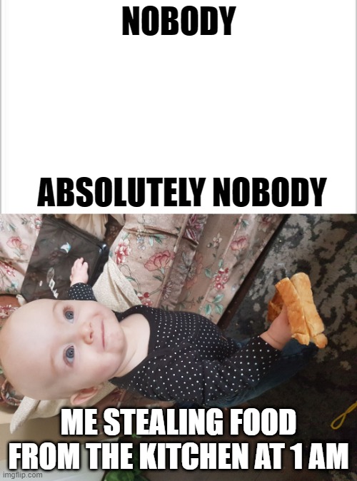 upvote if you can relate | NOBODY; ABSOLUTELY NOBODY; ME STEALING FOOD FROM THE KITCHEN AT 1 AM | image tagged in white background,food theif | made w/ Imgflip meme maker
