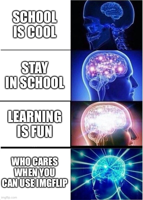 Expanding Brain Meme | SCHOOL IS COOL; STAY IN SCHOOL; LEARNING IS FUN; WHO CARES WHEN YOU CAN USE IMGFLIP | image tagged in memes,expanding brain | made w/ Imgflip meme maker