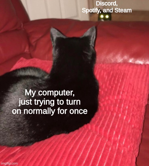 true dat. | Discord, Spotify, and Steam; My computer, just trying to turn on normally for once | image tagged in cursed cat,cat,discord,spotify and steam,funny,comedy | made w/ Imgflip meme maker