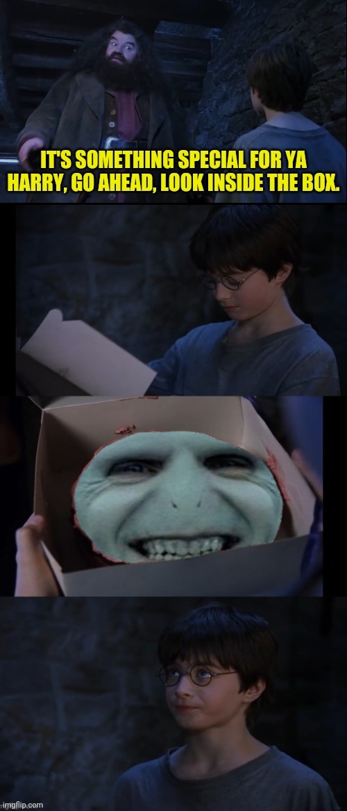 Harry Potter and The Surprise Cake | image tagged in harry potter,lord voldemort,voldemort grin,birthday cake | made w/ Imgflip meme maker