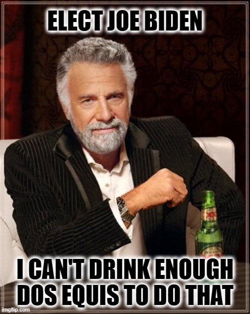 The Most Interesting Man In The World's answer when asked will he be voting for Joe Biden | ELECT JOE BIDEN; I CAN'T DRINK ENOUGH DOS EQUIS TO DO THAT | image tagged in the most interesting man in the world,joe biden,biden,election 2020,liberals vs conservatives,donald trump approves | made w/ Imgflip meme maker