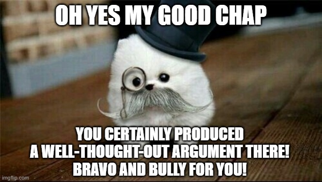 Sophisticated Dog | OH YES MY GOOD CHAP YOU CERTAINLY PRODUCED A WELL-THOUGHT-OUT ARGUMENT THERE!
BRAVO AND BULLY FOR YOU! | image tagged in sophisticated dog | made w/ Imgflip meme maker