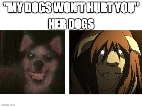 "MY DOGS WON’T HURT YOU"; HER DOGS | image tagged in dogs,cursed image,memes | made w/ Imgflip meme maker