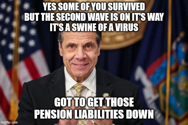 coumo covid | YES SOME OF YOU SURVIVED
BUT THE SECOND WAVE IS ON IT'S WAY
IT'S A SWINE OF A VIRUS; GOT TO GET THOSE PENSION LIABILITIES DOWN | image tagged in political humor | made w/ Imgflip meme maker