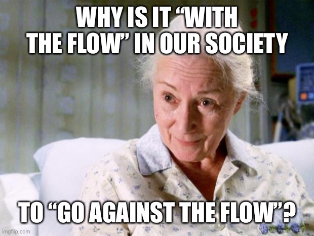With the flow | WHY IS IT “WITH THE FLOW” IN OUR SOCIETY; TO “GO AGAINST THE FLOW”? | image tagged in aunt may,flow,go against the flow,politics | made w/ Imgflip meme maker