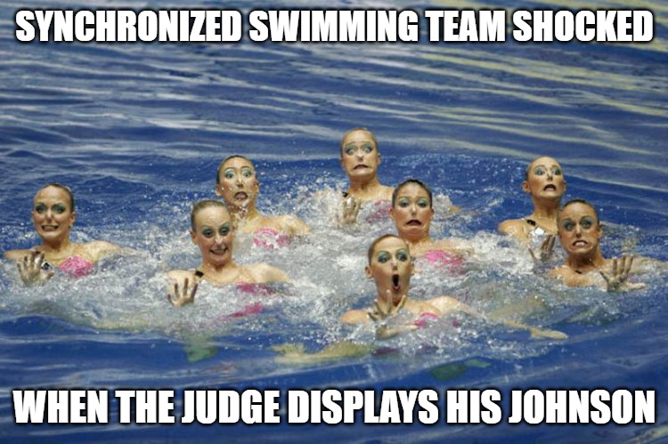 Not Expected | SYNCHRONIZED SWIMMING TEAM SHOCKED; WHEN THE JUDGE DISPLAYS HIS JOHNSON | image tagged in extreme sports,swimming,memes,fun,funny,johnson | made w/ Imgflip meme maker