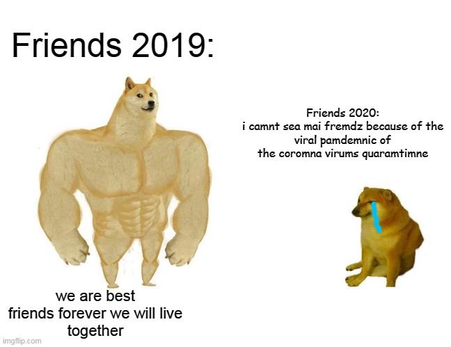 Doggo and cheems | Friends 2019:; Friends 2020:
i camnt sea mai fremdz because of the
viral pamdemnic of the coromna virums quaramtimne; we are best friends forever we will live
together | image tagged in doggo and cheems | made w/ Imgflip meme maker