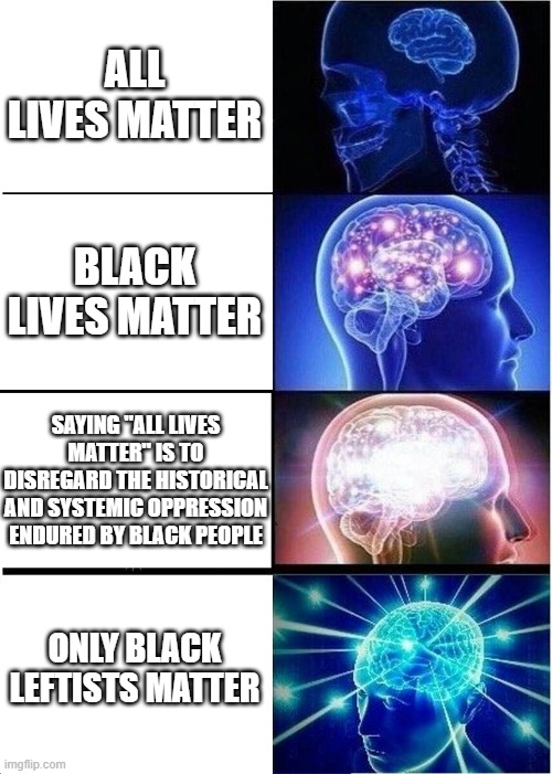 Expanding Brain Meme | ALL LIVES MATTER BLACK LIVES MATTER SAYING "ALL LIVES MATTER" IS TO DISREGARD THE HISTORICAL AND SYSTEMIC OPPRESSION ENDURED BY BLACK PEOPLE | image tagged in memes,expanding brain | made w/ Imgflip meme maker