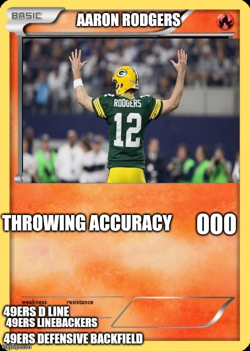 F*** Aaron rodgers | 000; THROWING ACCURACY; 49ERS LINEBACKERS; 49ERS DEFENSIVE BACKFIELD | image tagged in blank pokemon card,san francisco 49ers,aaron rodgers sucks | made w/ Imgflip meme maker