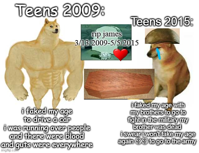 2009 past VS 2019-2016-2018-2017-present 2020 | Teens 2009:; Teens 2015:; rip james
3/13/2009-5/5/2015; i faked my age to drive a car
i was running over people and there were blood and guts were everywhere; i faked my age with my brothers to go to fight in the military my brother was dead 
i swear i won't fake my age again 😢😢 to go to the army | image tagged in strong doge weak doge | made w/ Imgflip meme maker