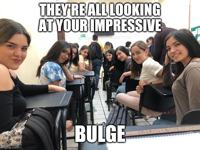 Dick pic 2 | THEY'RE ALL LOOKING AT YOUR IMPRESSIVE; BULGE | image tagged in girls in class looking back | made w/ Imgflip meme maker