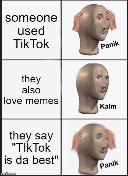 Panik Kalm Panik | someone used TikTok; they also love memes; they say "TIkTok is da best" | image tagged in memes,panik kalm panik | made w/ Imgflip meme maker