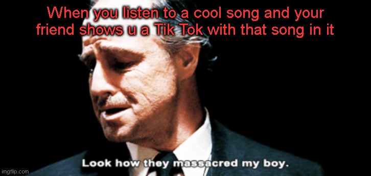 tik tok sucks | When you listen to a cool song and your friend shows u a Tik Tok with that song in it | image tagged in look how they massacred my boy,tiktok | made w/ Imgflip meme maker
